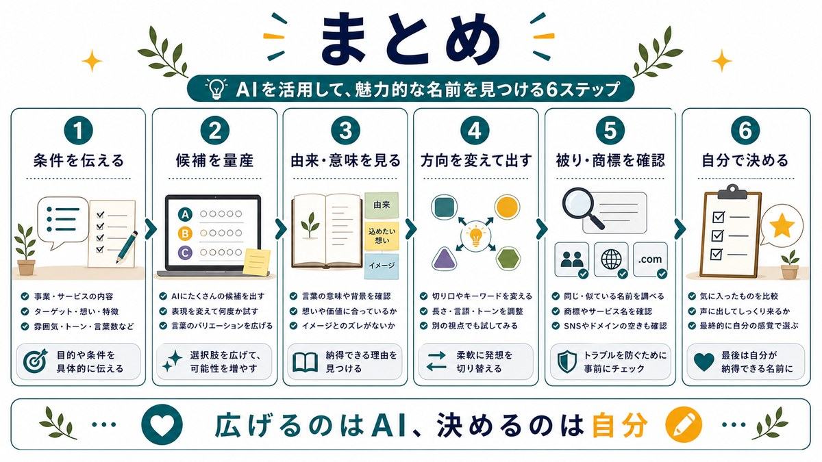 AIネーミングのまとめとして、条件を伝える、候補を量産、由来と意味を見る、方向を変えて出す、被りと商標を確認、自分で決めることを示す図解