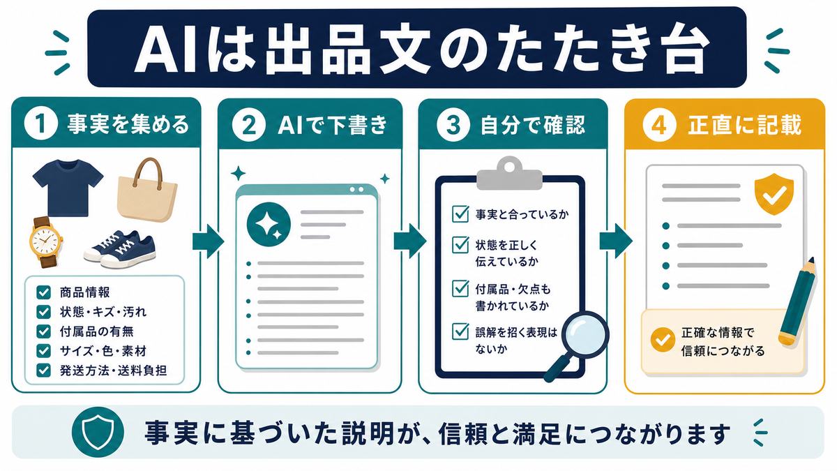 AIは出品文のたたき台として、事実を集め、AIで下書きし、自分で確認して正直に記載する流れを示す図解