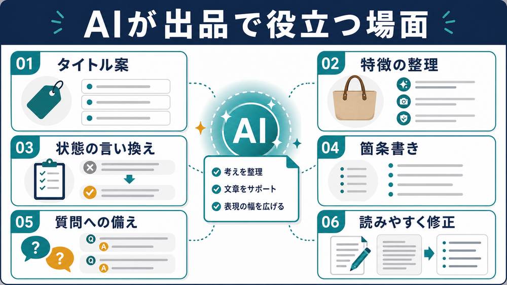 AIが出品で役立つ場面として、タイトル案、特徴の整理、状態の言い換え、箇条書き、質問への備え、読みやすく修正をまとめた図解