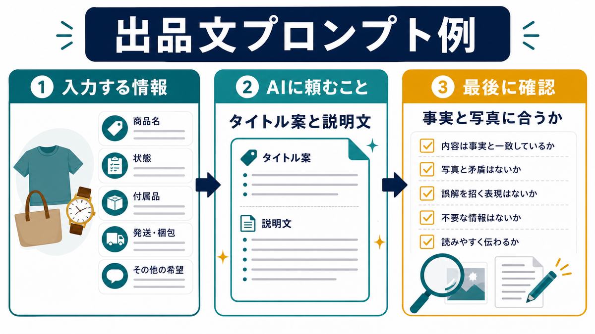 フリマ出品文のプロンプト例として、商品名、状態、付属品を入力し、タイトル案と説明文を作り、最後に事実と写真に合うか確認する流れを示す図解