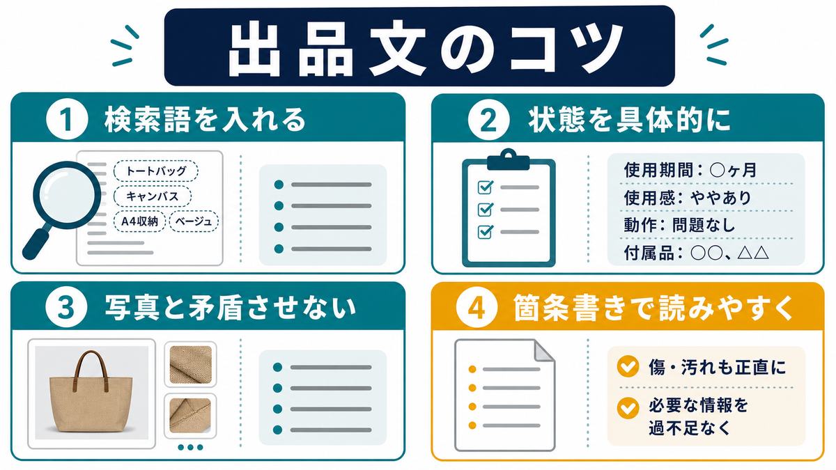出品文のコツとして、検索語を入れる、状態を具体的に、写真と矛盾させない、箇条書きで読みやすく、傷や汚れも正直にを示す図解