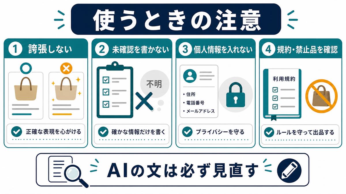 AIで出品文を作る時の注意として、誇張しない、未確認を書かない、個人情報を入れない、規約と禁止品を確認、AIの文は必ず見直すをまとめた図解