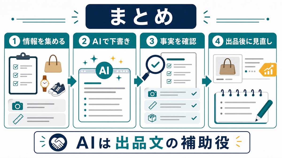 AIでフリマ出品文を作る流れのまとめとして、情報を集める、AIで下書き、事実を確認、出品後に見直しを示す図解