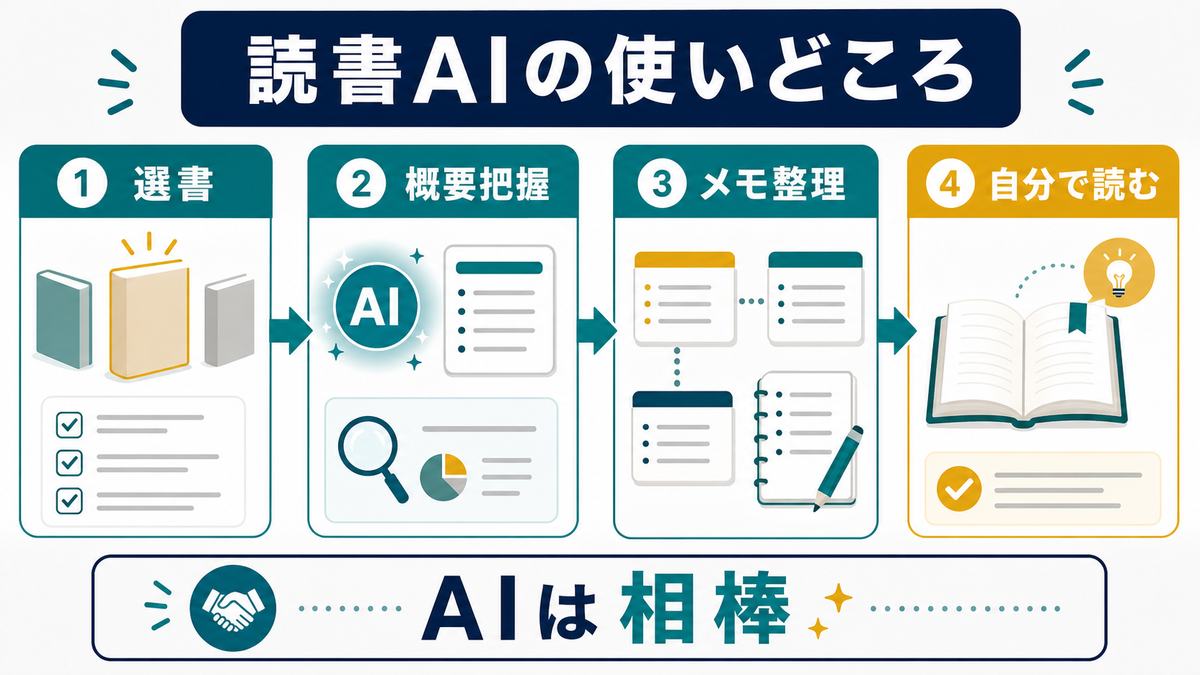 読書AIの使いどころとして、選書、概要把握、メモ整理、自分で読む、AIは相棒を示す図解