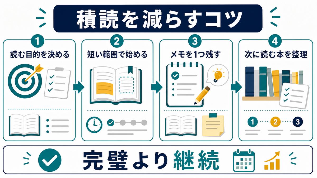 積読を減らすコツとして、読む目的を決める、短い範囲で始める、メモを1つ残す、次に読む本を整理、完璧より継続を示す図解