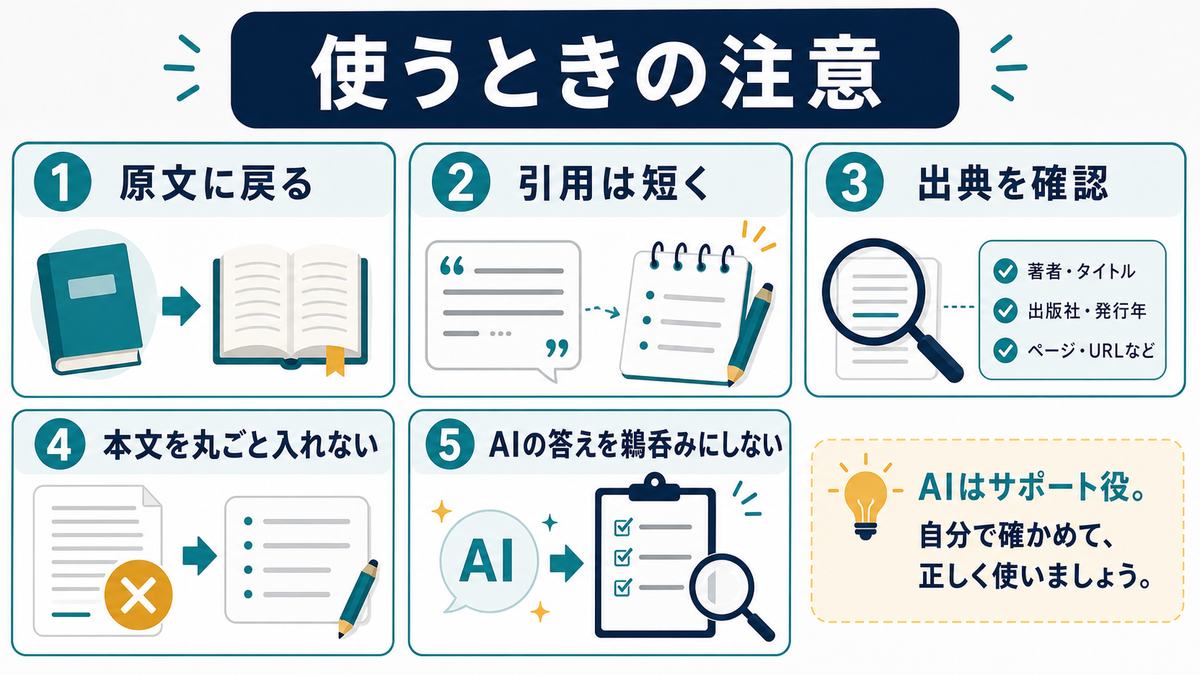 AIで読書を効率化する時の注意として、原文に戻る、引用は短く、出典を確認、本文を丸ごと入れない、AIの答えを鵜呑みにしないをまとめた図解