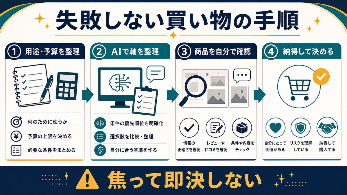 用途予算を整理しAIで軸を作り商品を確認して納得して決める買い物手順の図解