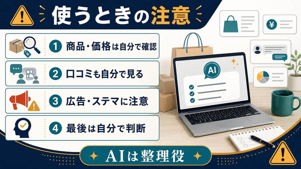AI買い物相談で商品価格口コミ広告に注意し最後は自分で判断する図解