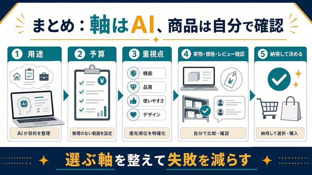 軸はAIで整理し商品は自分で確認して納得して決める買い物相談のまとめ図解