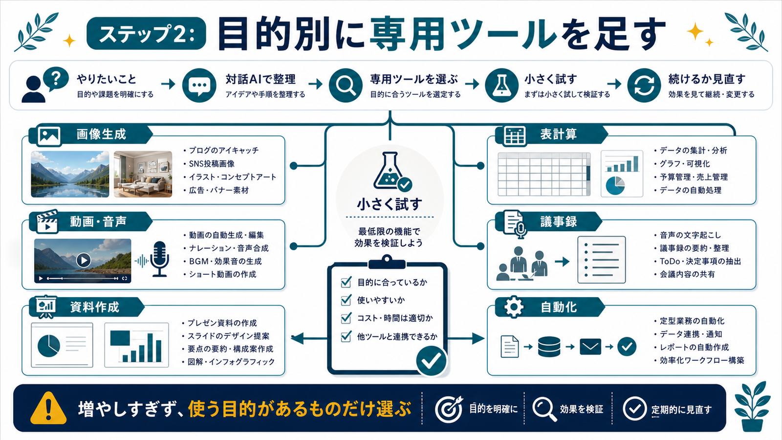 やりたいことを対話AIで整理し目的別に専用ツールを選んで小さく試す図
