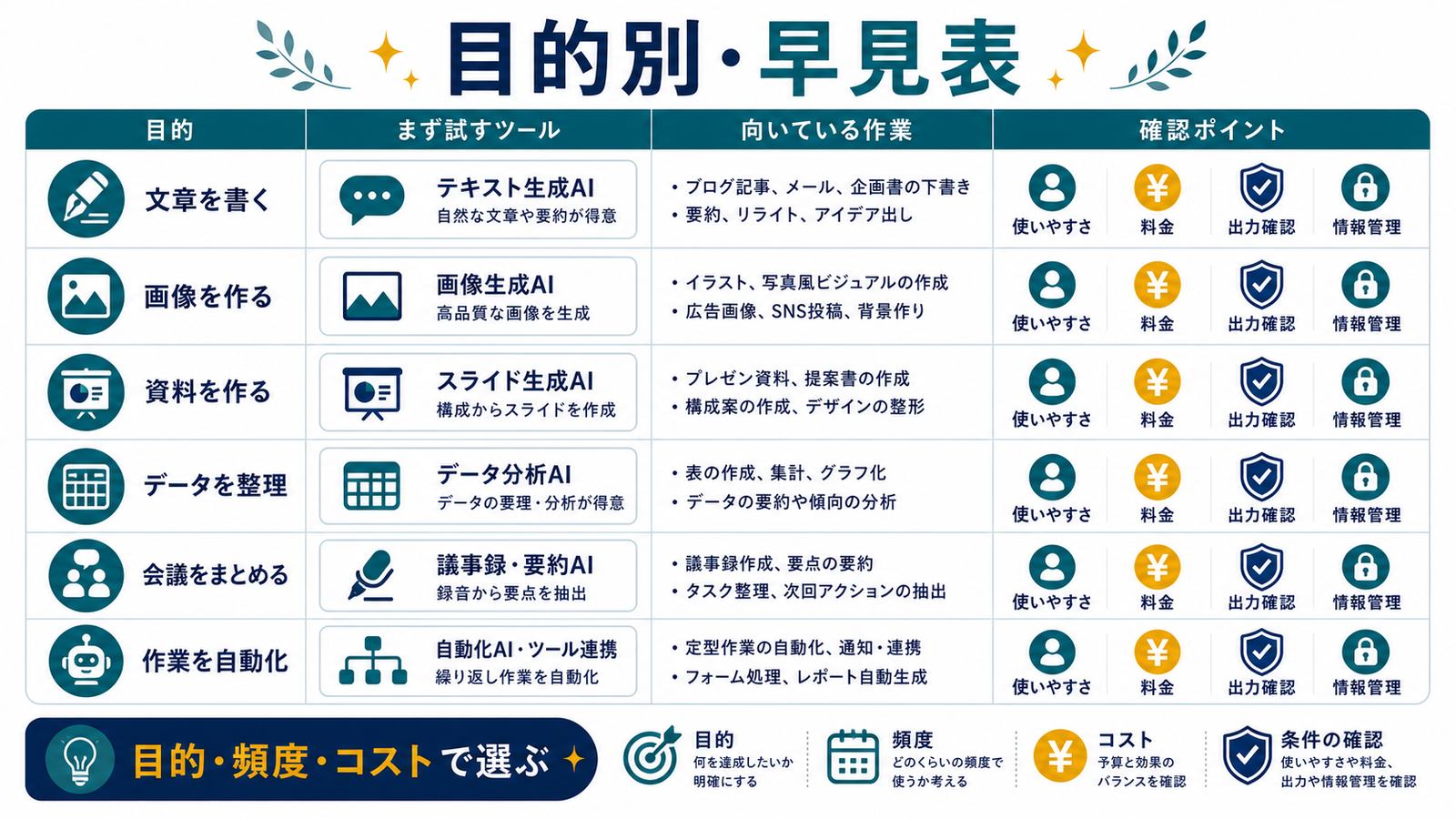 文章画像資料データ会議自動化の目的別にAIツールを選ぶ早見表