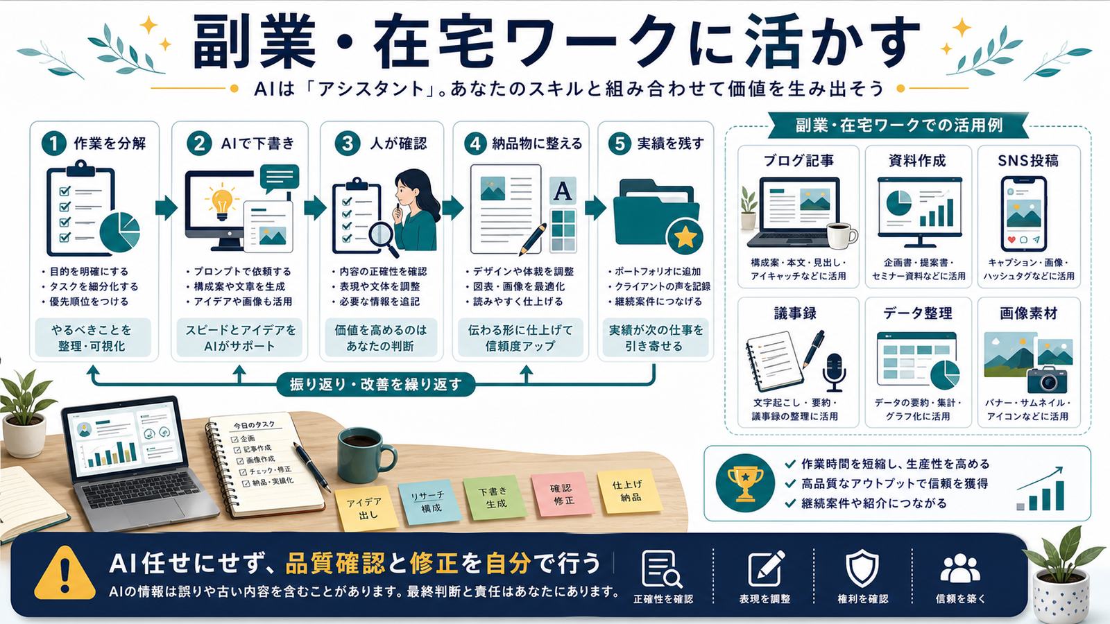 作業分解AI下書き人の確認納品物に整える実績を残す副業在宅ワーク活用図