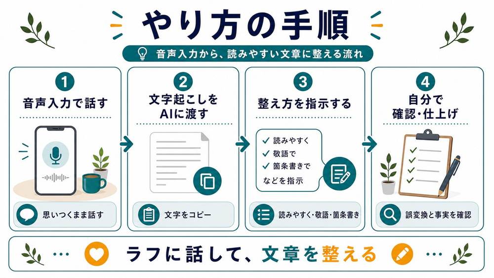 音声入力とAIで文章を作る手順として、音声入力で話す、文字起こしをAIに渡す、整え方を指示する、自分で確認仕上げる流れを示す図解