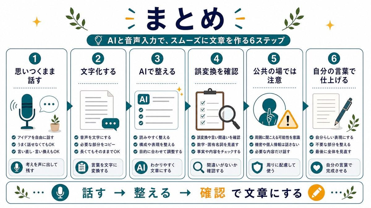 AIと音声入力で文章を作る方法のまとめとして、思いつくまま話す、文字化する、AIで整える、誤変換を確認、公共の場では注意、自分の言葉で仕上げる流れを示す図解