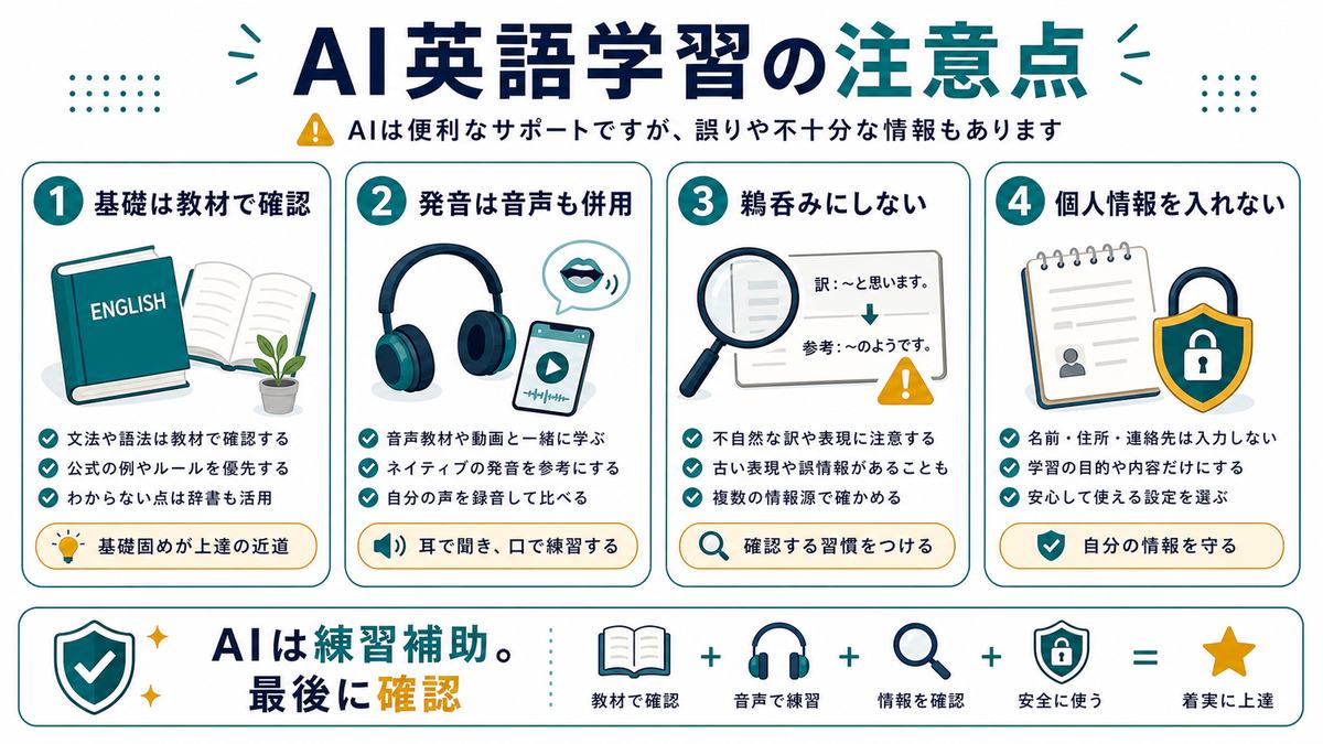 AI英語学習の注意点として、基礎は教材で確認、発音は音声も併用、鵜呑みにしない、個人情報を入れないを示す図解