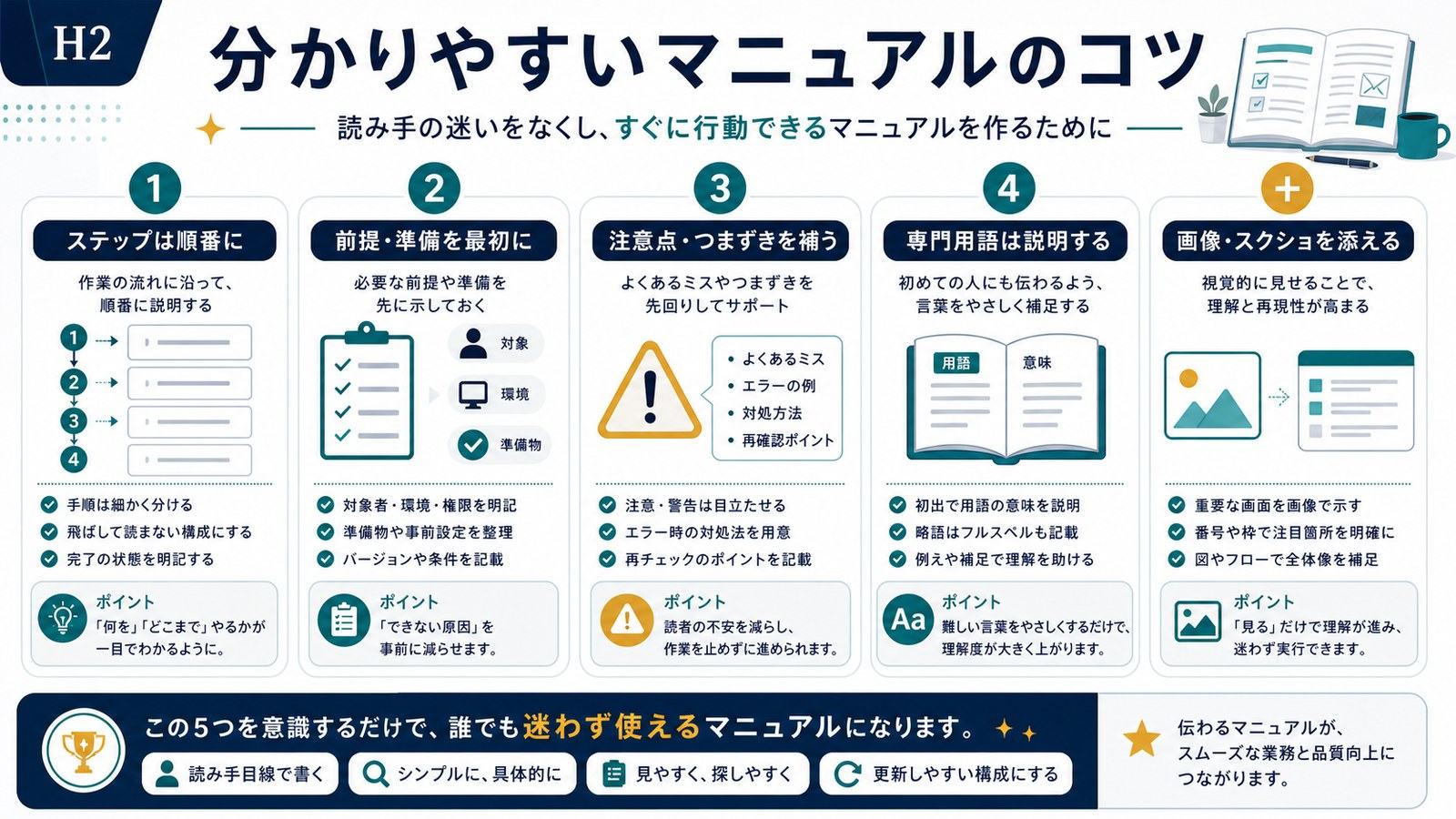 ステップ順番前提準備注意点つまずき専門用語説明画像スクショを添えるマニュアルのコツ図