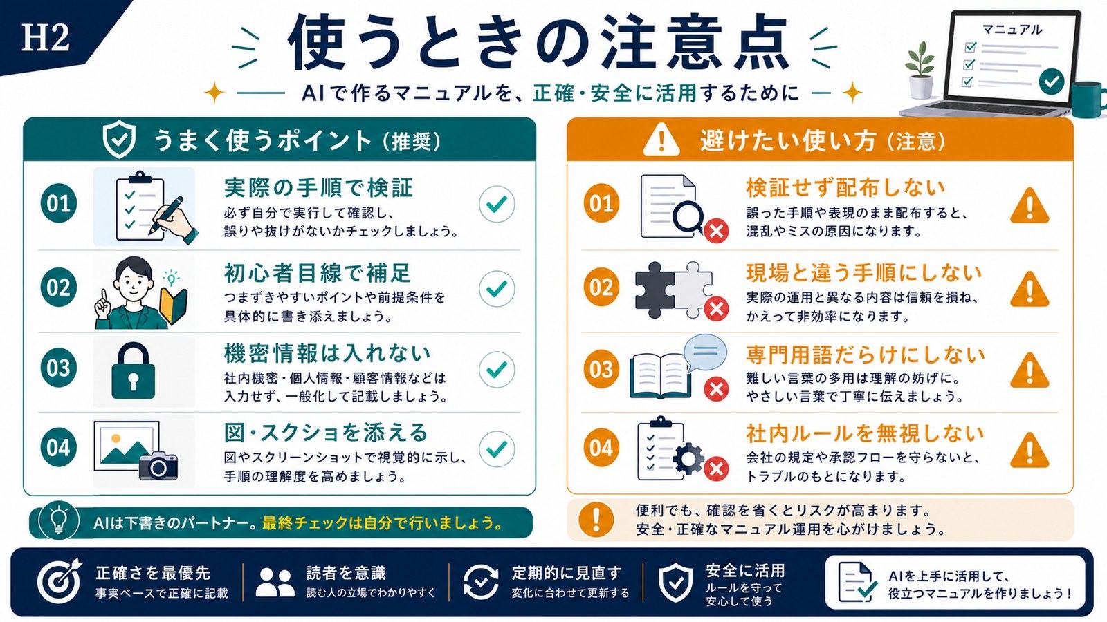 AIマニュアルで実際の手順検証初心者目線機密情報を入れない図とスクショを添える注意点の図