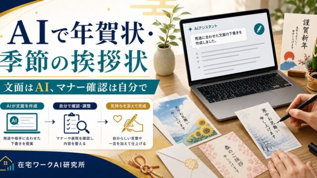 AIで年賀状と季節の挨拶状の文面を作り、マナー確認は自分で行う流れ