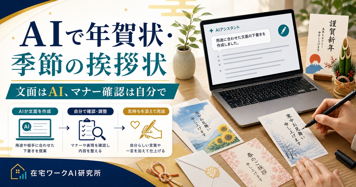 AIで年賀状と季節の挨拶状の文面を作り、マナー確認は自分で行う流れ