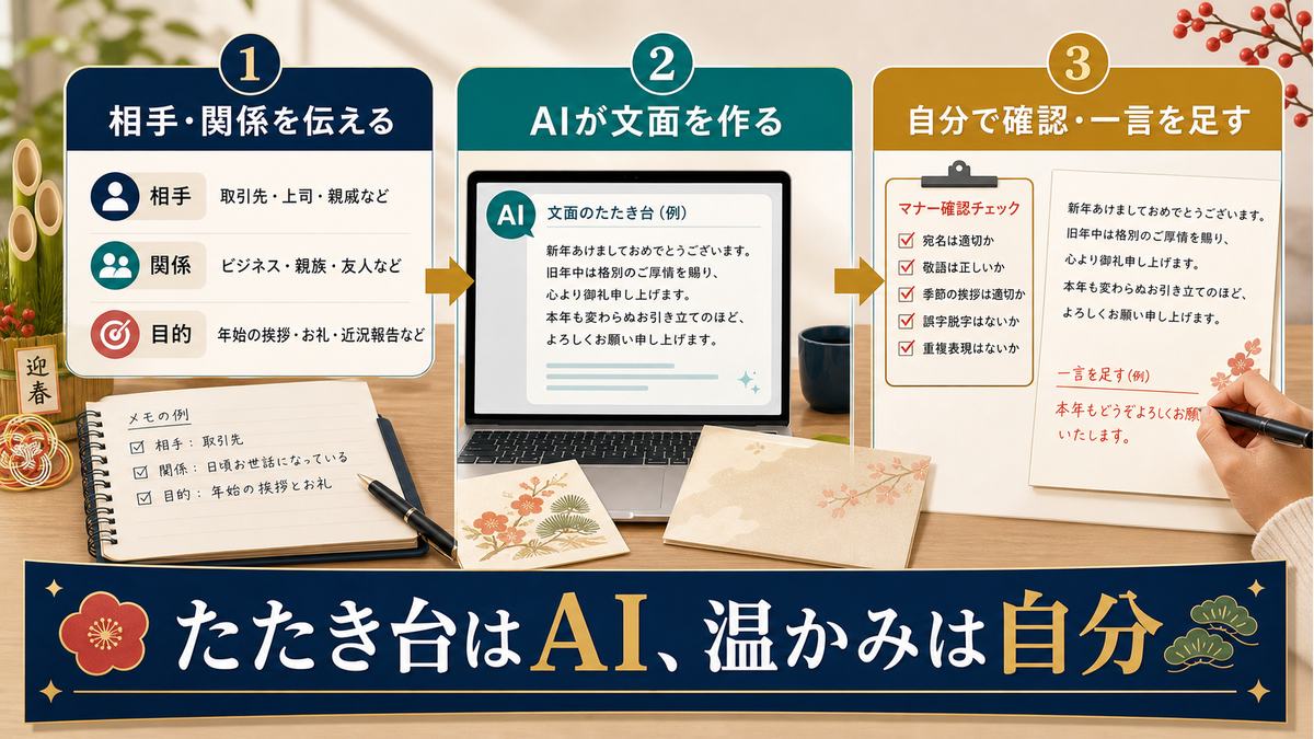 AIで挨拶状のたたき台を作り、自分で確認して温かみを足す流れ
