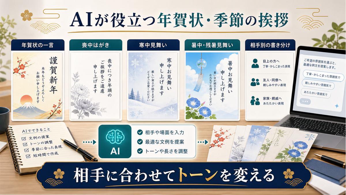 年賀状、喪中はがき、寒中見舞い、暑中見舞いをAIで書き分ける例