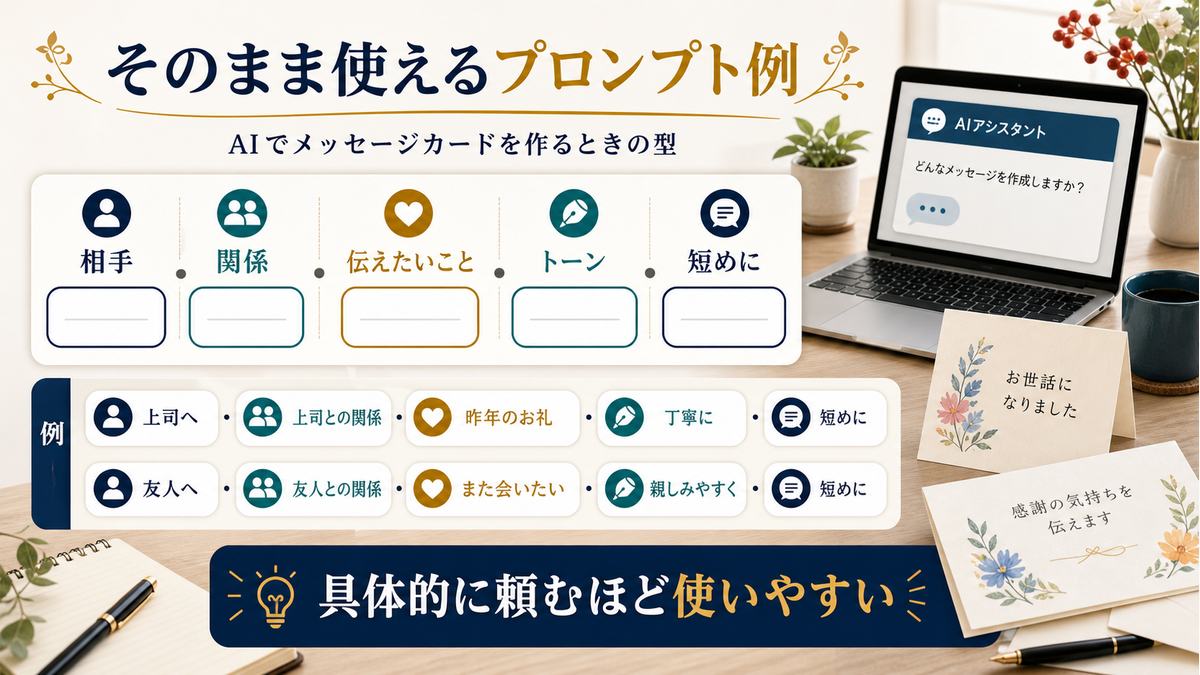 相手、関係、伝えたいこと、トーン、長さを指定する挨拶状プロンプト例