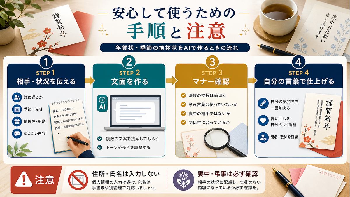 挨拶状をAIで作る手順と、マナー確認や個人情報入力を避ける注意点