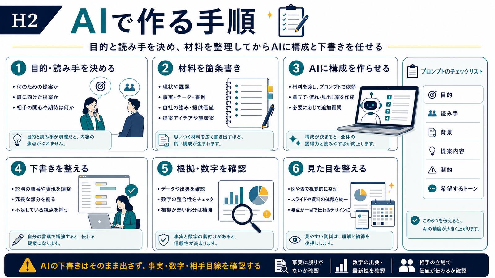 目的読み手材料箇条書きAI構成下書き根拠数字確認見た目調整までの企画書作成手順図