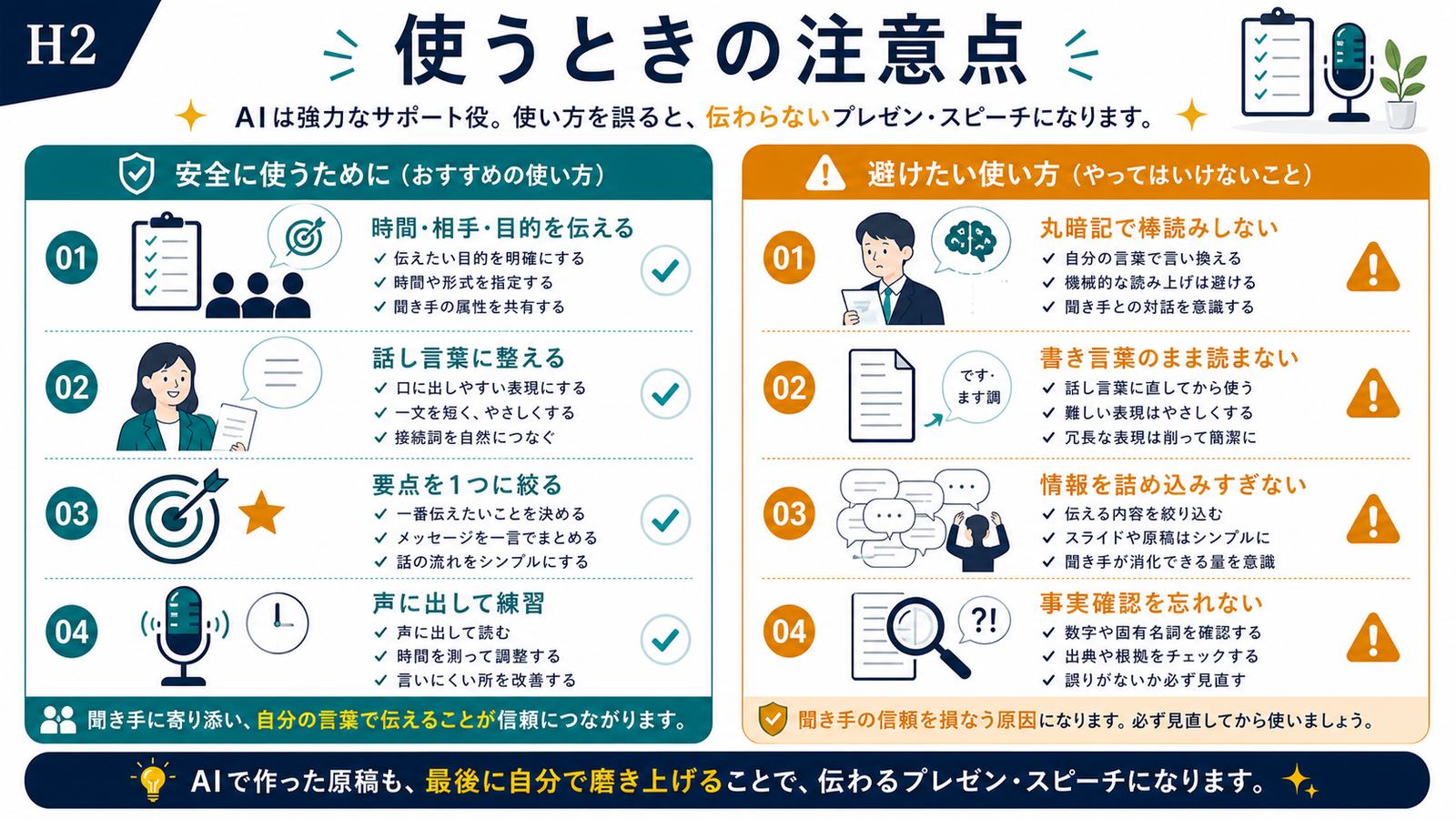 AIプレゼン原稿で丸暗記棒読み書き言葉詰め込みすぎ事実未確認を避ける注意点の図