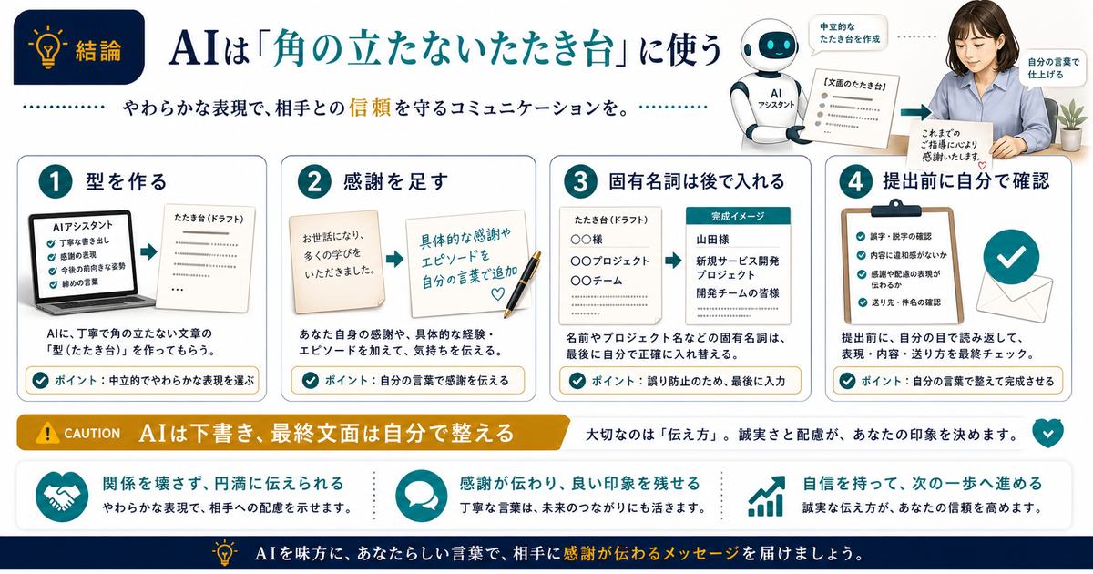 AIを退職届や退職挨拶メールの角が立たないたたき台として使い感謝と確認を加える流れの図解