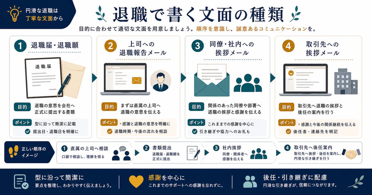 退職届、上司への退職報告メール、社内挨拶メール、取引先挨拶メールの種類を整理した図解