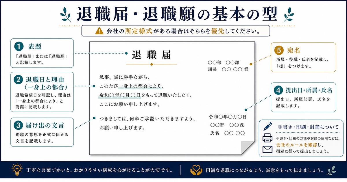 退職届と退職願の基本の型を表題、退職日と理由、届け出文言、提出日、所属氏名、宛名で示した図解