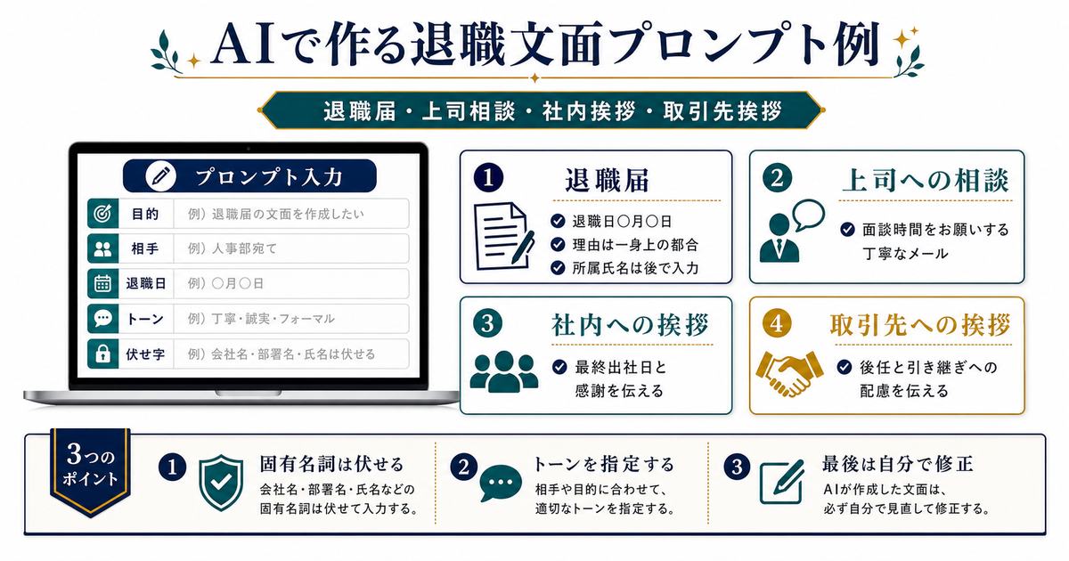 AIで退職届、上司への相談、社内挨拶、取引先挨拶の文面を作るプロンプト例を整理した図解