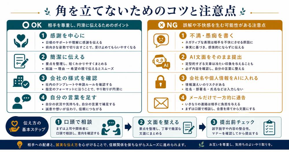 退職文面で感謝と簡潔さを意識し不満や個人情報入力や一方的なメール通告を避ける注意点の図解