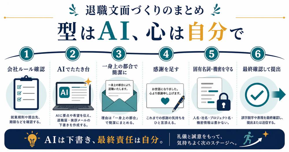退職文面づくりは会社ルール確認、AI下書き、自分の言葉、感謝、機密保護、最終確認が重要というまとめ図解