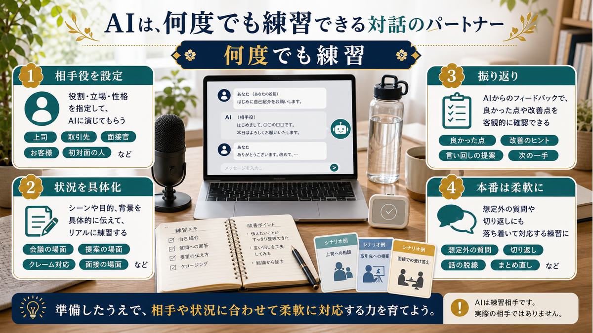 AIを相手役にして状況を設定し、何度でもロープレ練習と振り返りをする流れ