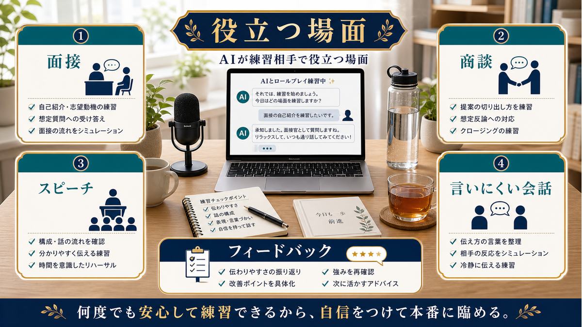 面接、商談、スピーチ、言いにくい会話、フィードバックでAIロープレが役立つ場面