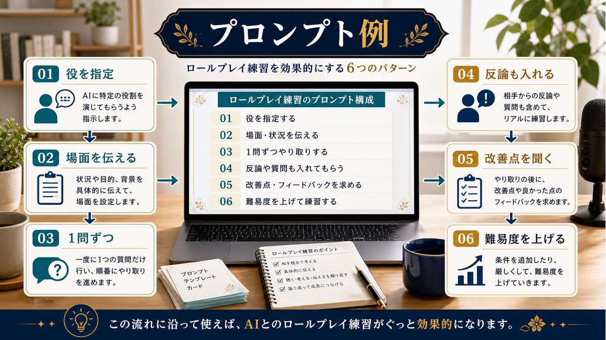 AIロープレで役、場面、質問形式、反論、改善点、難易度を指定するプロンプト例