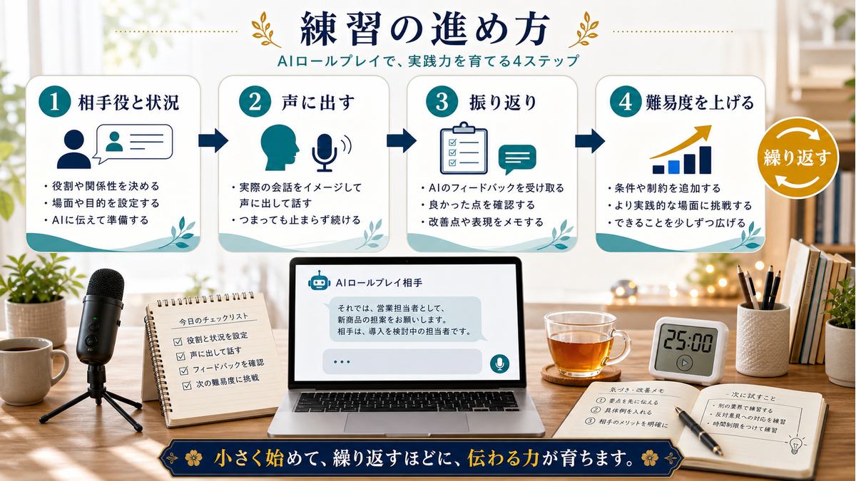 相手役と状況を設定し、声に出し、振り返りをもらい、難易度を上げる練習手順