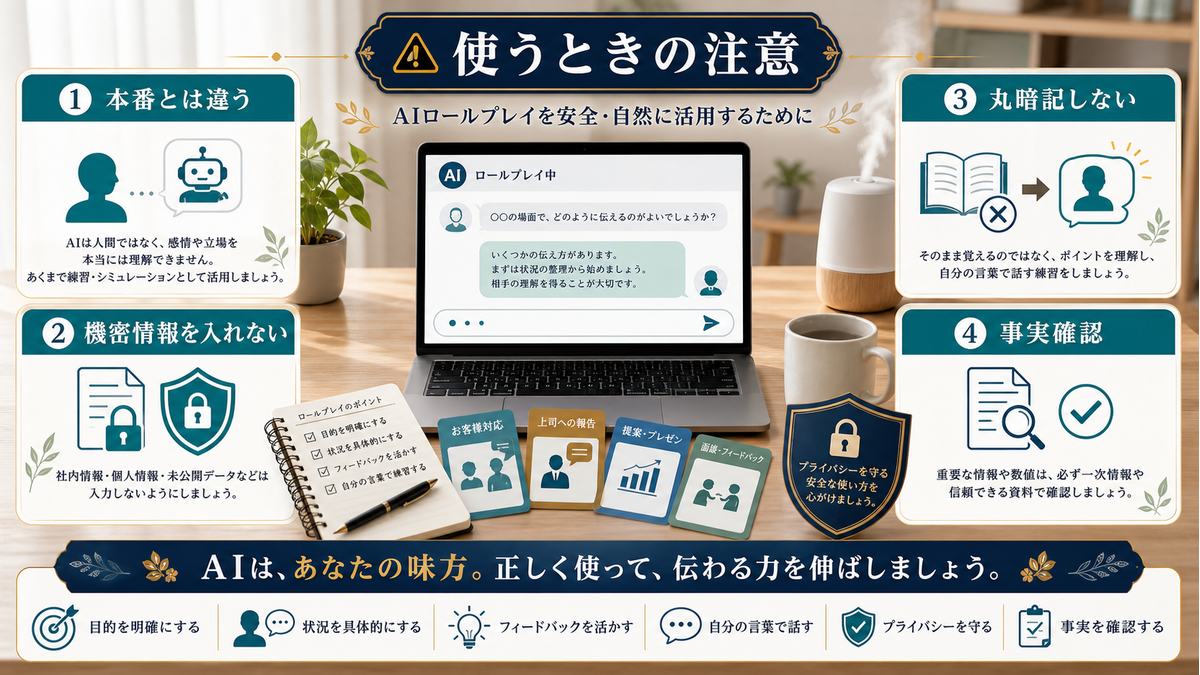 AIロープレで本番との違い、機密情報、丸暗記、事実確認に注意する図