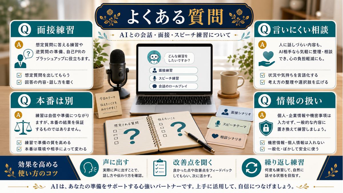 AIで面接練習、言いにくい相談、本番との違い、情報の扱いを確認するFAQ