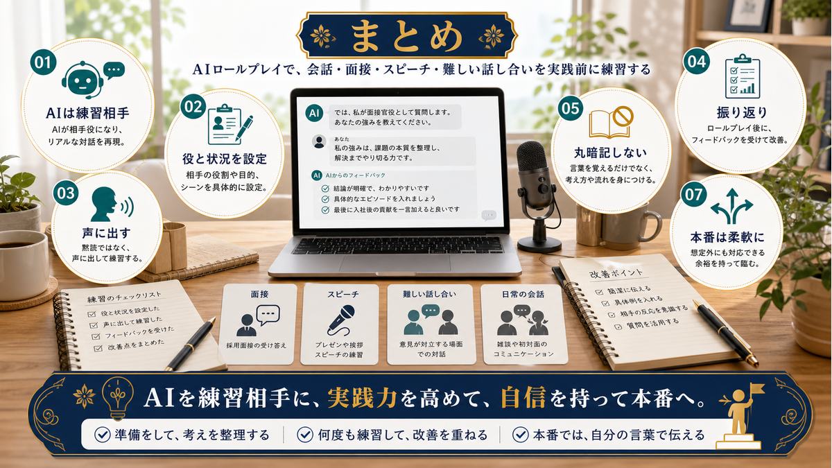 AIを練習相手にして役と状況を設定し、声に出して振り返り、本番は柔軟に対応するまとめ