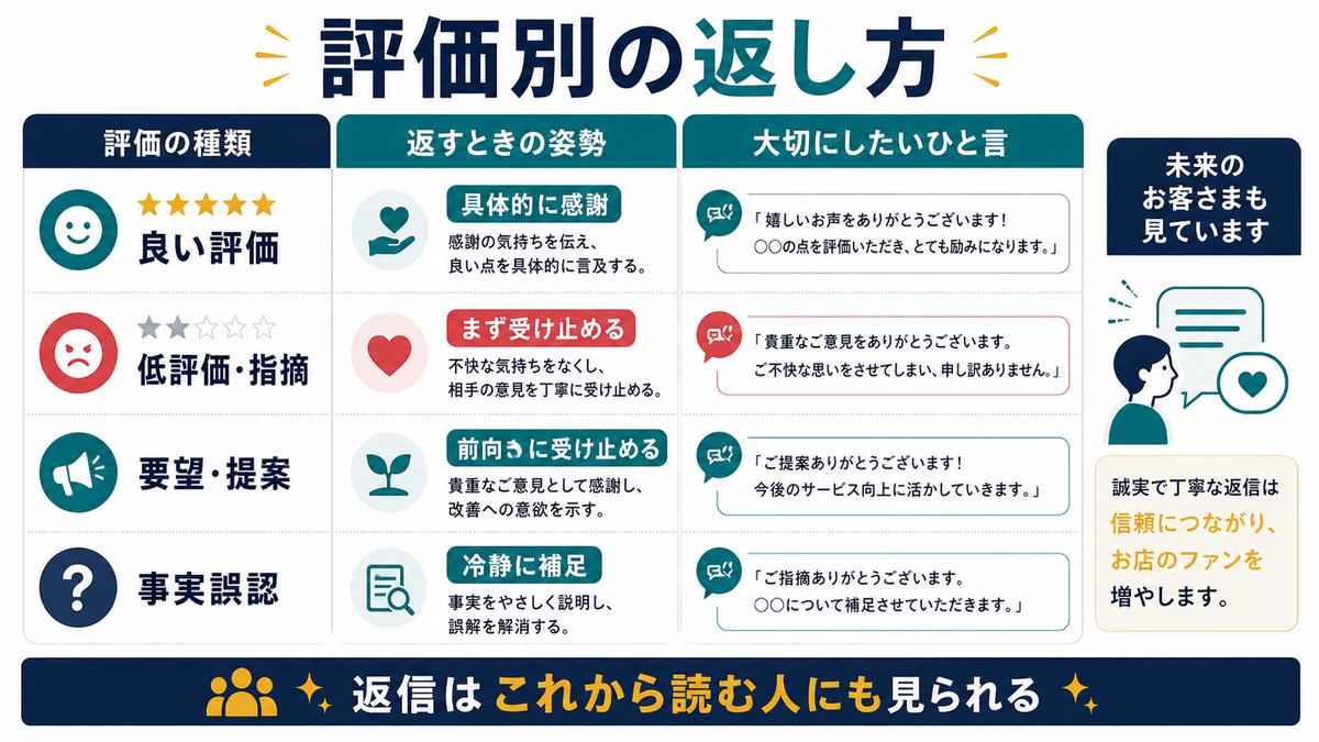 良い評価低評価要望事実誤認それぞれの口コミ返信方針を整理した図