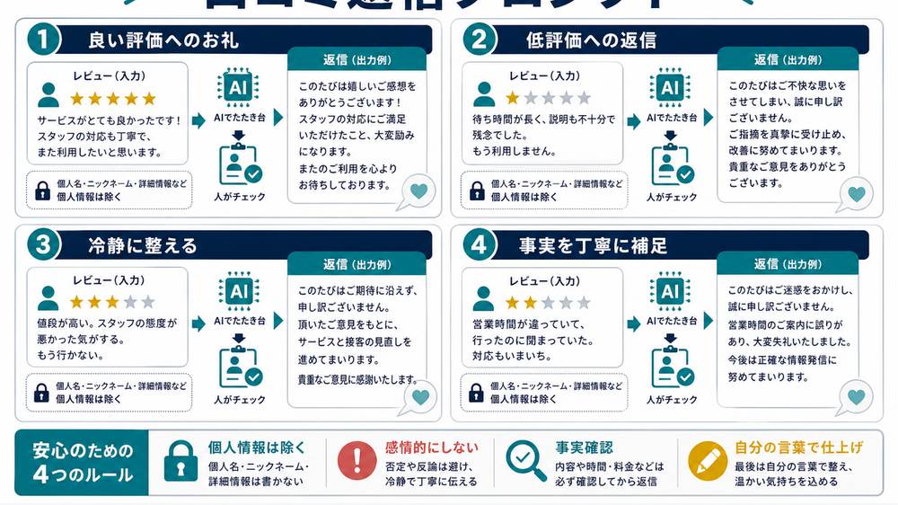 口コミ返信で使えるAIプロンプト例と個人情報事実確認の注意をまとめた図