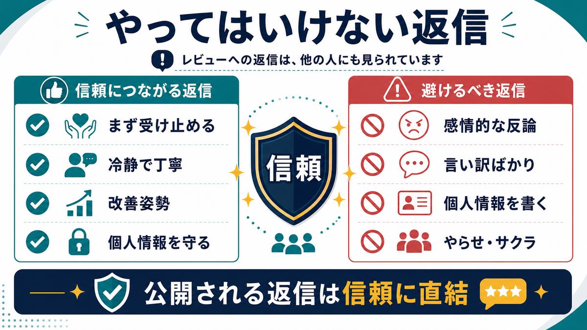 口コミ返信で避けたい感情的な反論言い訳個人情報やらせサクラを示す図