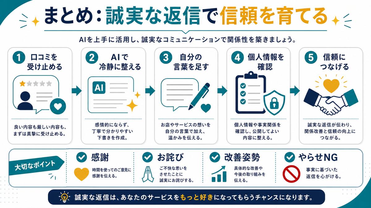 AIで口コミ返信を冷静に整え誠実な対応で信頼につなげる流れを示す図