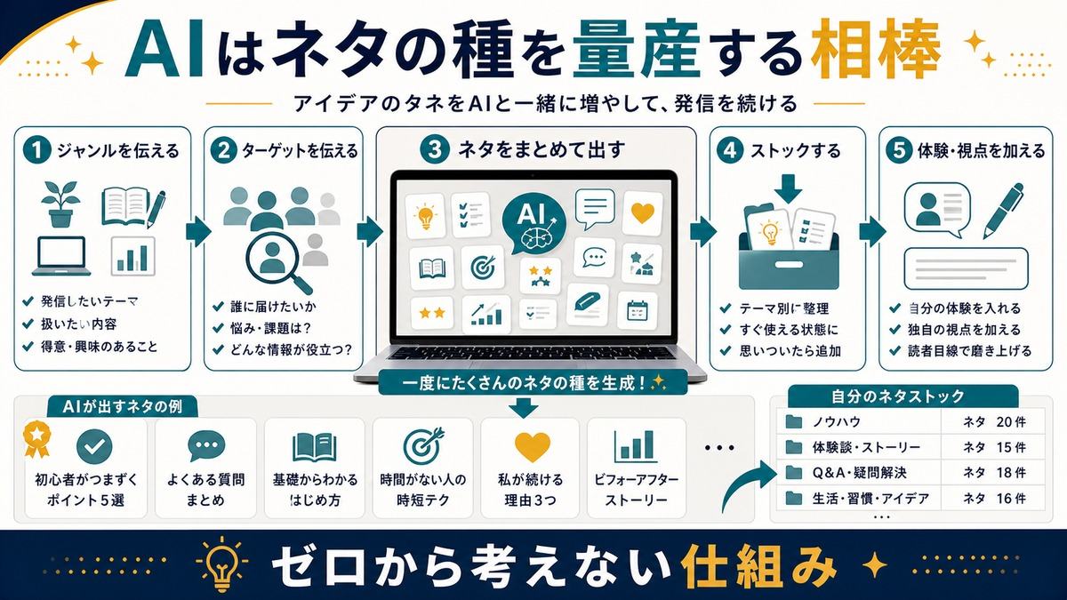 AIでSNS投稿のジャンルとターゲットからネタの種を量産してストックする図解