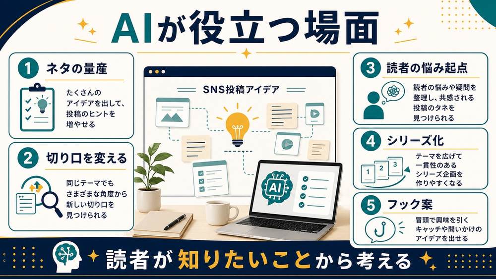 AIがSNSネタ出しで量産切り口変更読者の悩みシリーズ化フック案に役立つ図解