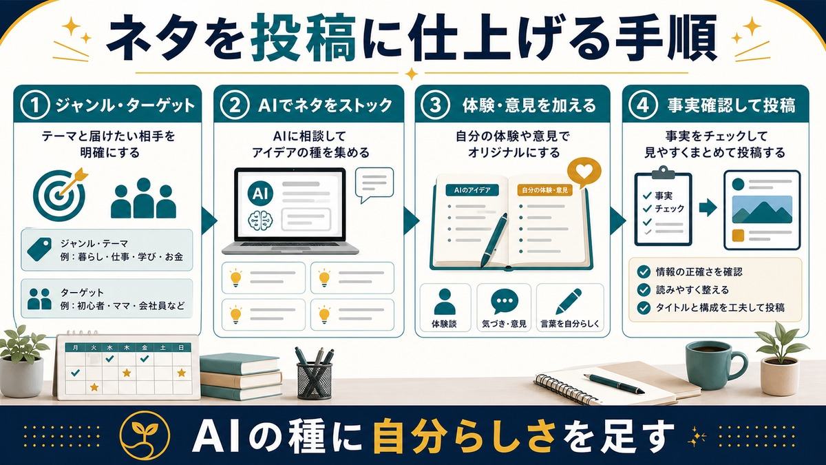 SNSネタをジャンルターゲットAIストック体験追加事実確認で投稿に仕上げる手順図解