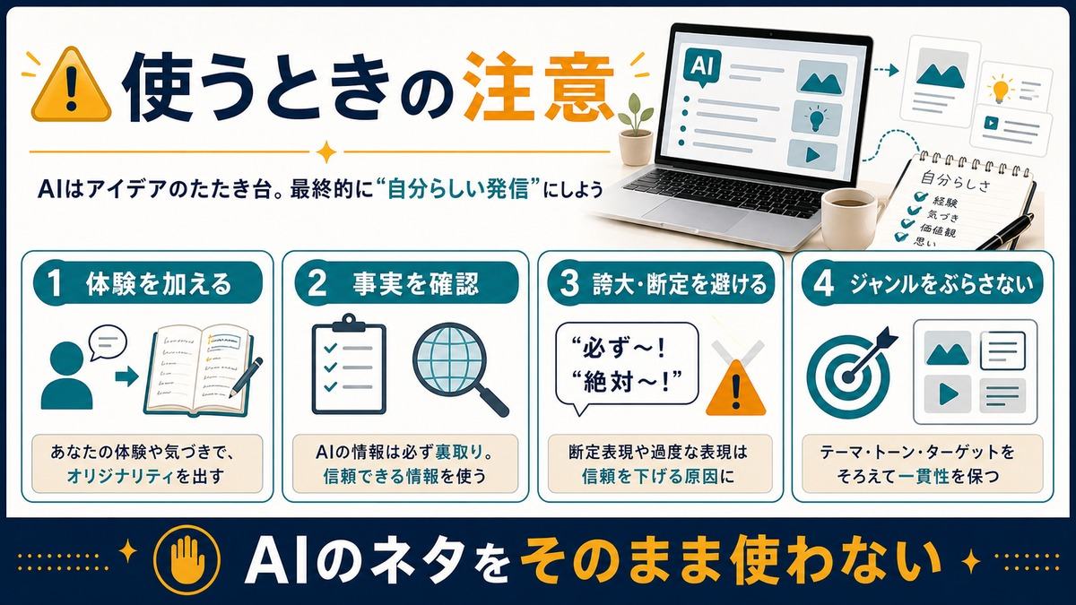 AIのSNSネタに体験を加え事実確認し誇大表現を避けジャンルをぶらさない注意点図解